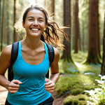 **

A person outdoors, smiling, wearing a fitness tracker and walking in a sunny forest. In the background, subtle graphics showing reduced carbon footprint icons. The overall mood is healthy, happy, and environmentally conscious. Focus on natural light and the contrast between technology and nature.

**