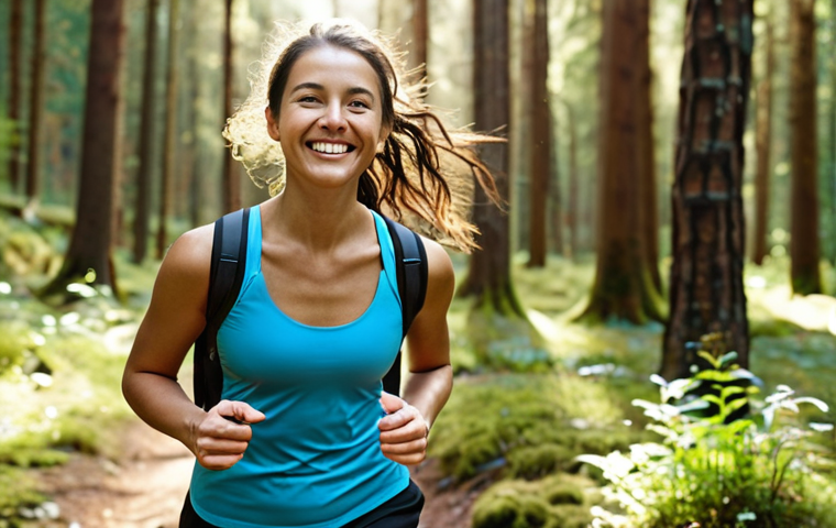 **

A person outdoors, smiling, wearing a fitness tracker and walking in a sunny forest. In the background, subtle graphics showing reduced carbon footprint icons. The overall mood is healthy, happy, and environmentally conscious. Focus on natural light and the contrast between technology and nature.

**