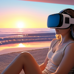 A person wearing a VR headset, sitting comfortably in a modern living room, surrounded by soft lighting, experiencing a serene virtual beach scene with calming waves and a sunset. Focus on the peaceful expression on their face. Style: Digital art, serene, calming colors.
