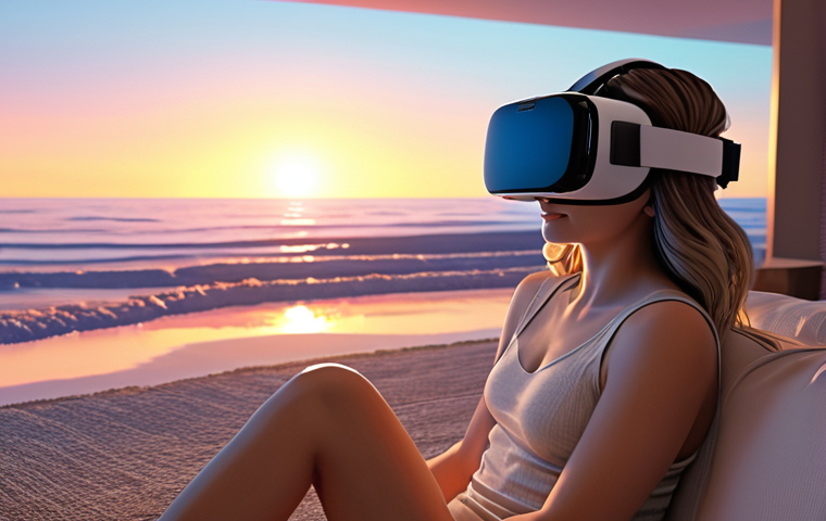 A person wearing a VR headset, sitting comfortably in a modern living room, surrounded by soft lighting, experiencing a serene virtual beach scene with calming waves and a sunset. Focus on the peaceful expression on their face. Style: Digital art, serene, calming colors.