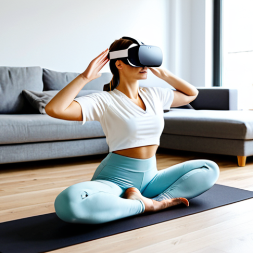 A person (gender-neutral) in comfortable, modest athletic wear, performing a gentle yoga pose while wearing a sleek VR headset. They are situated in a brightly lit, modern living room of a Polish apartment, with a yoga mat on the wooden floor. The subtle glow from the VR headset hints at an immersive, serene virtual environment, such as a tranquil forest or a calm beach. The room features minimalist decor and natural light, reflecting a typical comfortable Polish home. The subject is in a natural pose with perfect anatomy and correct proportions, well-formed hands, and proper finger count. The image emphasizes a sense of peace and modern accessibility. safe for work, appropriate content, fully clothed, modest, family-friendly, high quality professional photography.